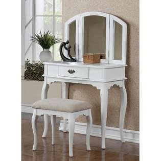 Poundex 3 pc White finish wood make up bedroom vanity set with curved 