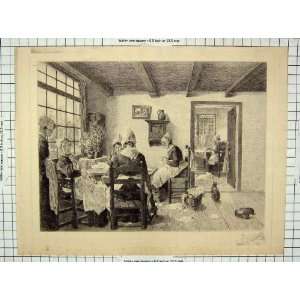   Antique Print Ladies Sewing Industry Fabric Cat Basket