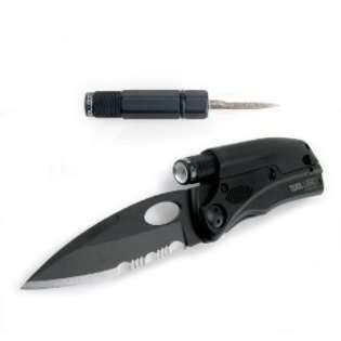   Knife With LED Flashlight, Diamond Sharpener and Signal Whistle, Black