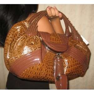  TAN Brown Croc Leather Lk Dectective Celebrity Spy Bag Hobo Handbag 