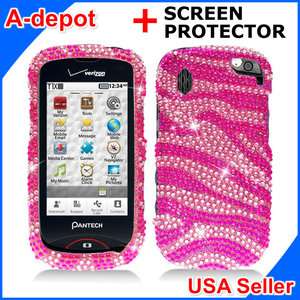Pantech Hotshot 8992 Verizon Pink Zebra Bling Hard Case Cover +Screen 
