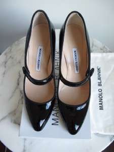 NIB Manolo Blahnik Campy Black Patent Leather Mary Jane Pumps Heels 