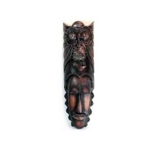  African Tribal Mask with Owl Top Hand Carved Wood in 