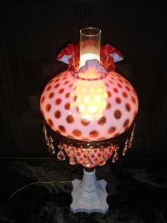 Old Fenton  L.G.Wright Cranberry Coin Dot Opalescent GWTW Style Lamp 