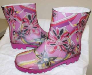 EMILIO PUCCI Pink Yellow Purple Rubber Ankle Rain Boots Sz 36 6  