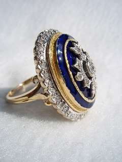 Antique 18K YG Cobalt Enamel Diamond King George III Ring  