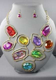 Chunky Multi Color Glass Stones Bib Statement Fashion Necklace Set 