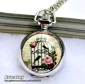 NWT Classic Colorful Print Bird&Cage Silver Mini Pocket Watch Necklace 