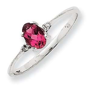  14K White Gold Diamond & Pink Tourmaline Birthstone Ring Size 6.00