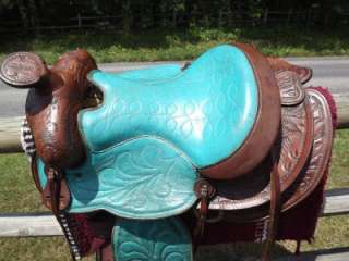 15 Seat Vintage Turquoise & Hand Tooled Leather Western Saddle #3772 