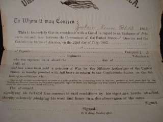 1862 CIVIL WAR PRISONER OF WAR CSA EXCHANGE DOCUMENT JACKSON TENNESSEE 