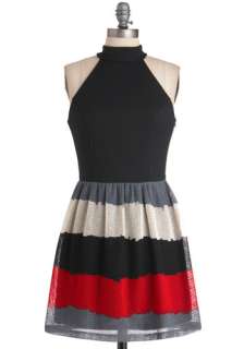 At the Movies Dress   Short, Red, Black, Grey, Stripes, Cutout, Woven 