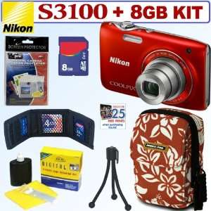  Nikon Coolpix S3100 14 MP Digital Camera (Red) + 8GB 