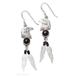   Eagle Head Dangle Earrings Black Onyx Two Eagle Feathers Jewelry