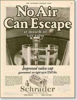 1927 Schrader tire valves No air can escape vintage AD  