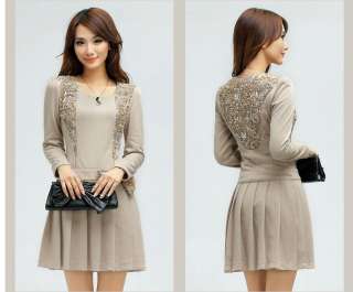   lace bow ruffles long sleeve slim fitted dress 3 colors BEIGE S  