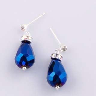 Pair Deep Blue AB Crystal Glass Teardrop Dangle Stud Earrings  