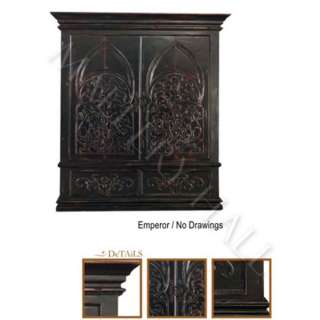 Distressed Black Large Amoire Hand Carved Doors Drawers  