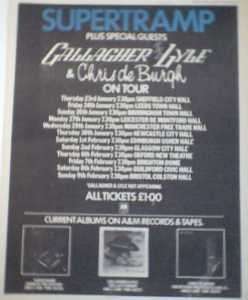 SUPERTRAMP/CHRIS DE BURGH 1975 RARE POSTER SIZE ADVERT  