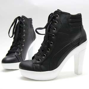 Womens Black White Sneakers Lace Up High Heel US 5~8  