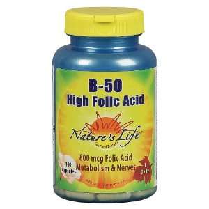  Natures Life   High Folic Acid B 50 Caps, 800 mcg, 100 