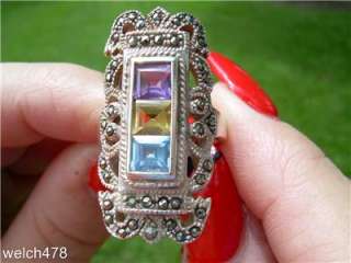   Sterling Silver & 3 Stone Marcasite Diamond Ladies Ring Sz.7  
