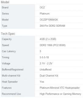 OCZ Platinum 4GB (2 x 2GB) 240 Pin SDRAM DDR2 1066 (PC2 8500 
