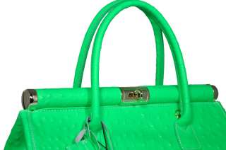 NWT Real leather purse satchel handbag tote with strap fluo green.Made 