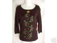 LUCIA BURNS Knit Christmas Tree Top Sequins Beads S Blk  