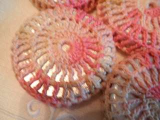 Old Foil Covered Bottle Cap Crocheted Doily 7 Large Caps Pink & White 