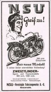   NSU Fahrzeugwerke Neckarsulm Reklame 1927 Motorcycle Werbung Werk ad
