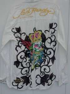   Printed & Embroidered Mens White Button down Shirt MEDIUM  