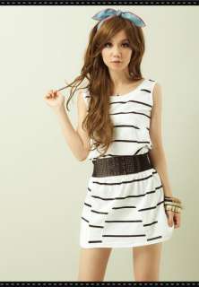Simple Design Round Neckline Sleeveless Striped Mini Cotton Dress 