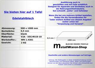 Edelstahlblech 500 x 1000 x 0,5 mm V2A Blech Niro / 001  