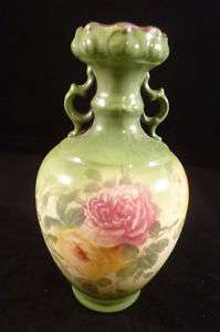 Vintage German Royal Bonn Hand Painted Green Vase Urn  