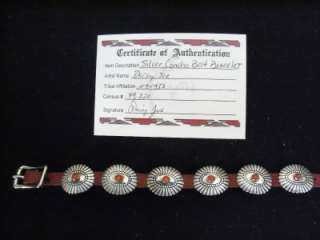   NEW STERLING SILVER CONCHO BELT STYLE BRACELET W/ LEATHER BAND & CORAL
