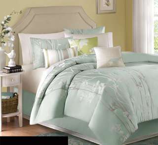 7pc Stunning Soft Blue/Grey/White Modern Floral Print Comforter Set 