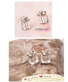 New Cute Crystal Bowknot Tie Gift Box Silver Earring  