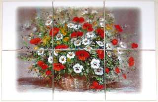 Poppies Ceramic Tile Mural Poppy Flowers Daisies 6 4.25  