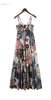   Strap Boho Cotton Blue Flower Print V Neck Long Womens Maxi Dress C32Z