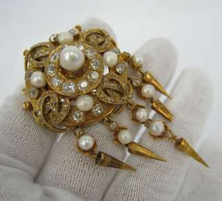 1900s French 5ct Diamond Natural Pearl 18K Gold Brooch  