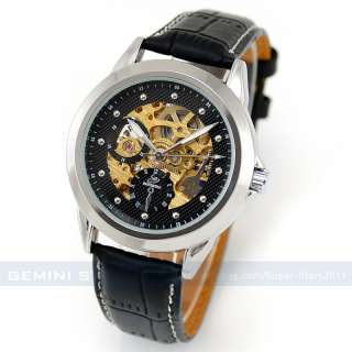 Men Automatic Skeleton Mechanical Watch Metal/Leather  