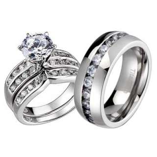 Pcs His Hers Titanium Sterling Silver Wedding Bridal Round CZ Ring 