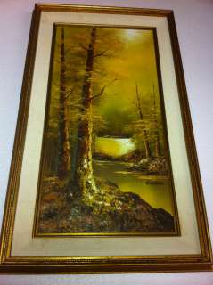 vintage painting G. Whitman gold color creek forest vertical 30 x18 