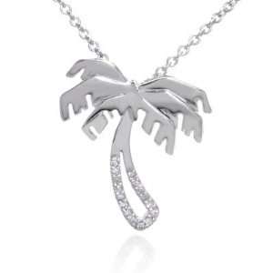    14K White Gold Diamond Palm Tree Pendant w/ Necklace Jewelry