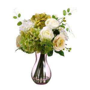  16 Hydrangea/Rose in Glass Vase Green Cream (Pack of 2 