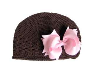   Brown Crochet Beanie Hat/Pink Hair Bow for Baby and Girl Clothing