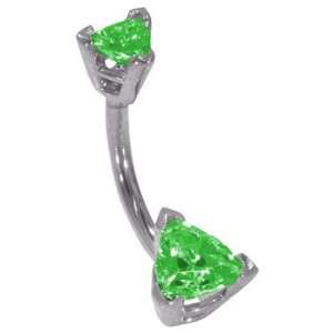 14G 3/8   Double Trillion Cut Emerald Solid 14K White Gold Belly Ring 