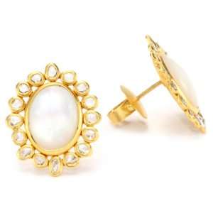   Moon 18k Gold, Mother of Pearl and Rose Cut Diamond Oval Post Earrings