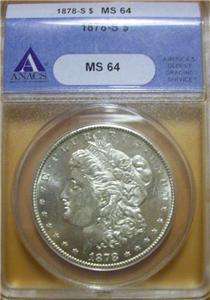1878 S Morgan Silver Dollar MS 64 ANACS Graded Uncirc  